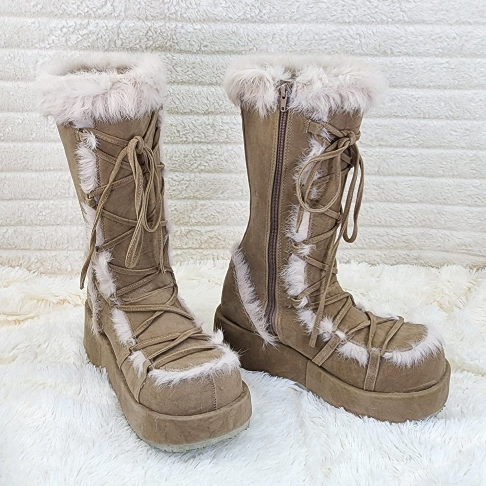 311 Cubby Tan Platform Furry Go-go Mammoth Stomper Knee Boots - Picture 6 of 12
